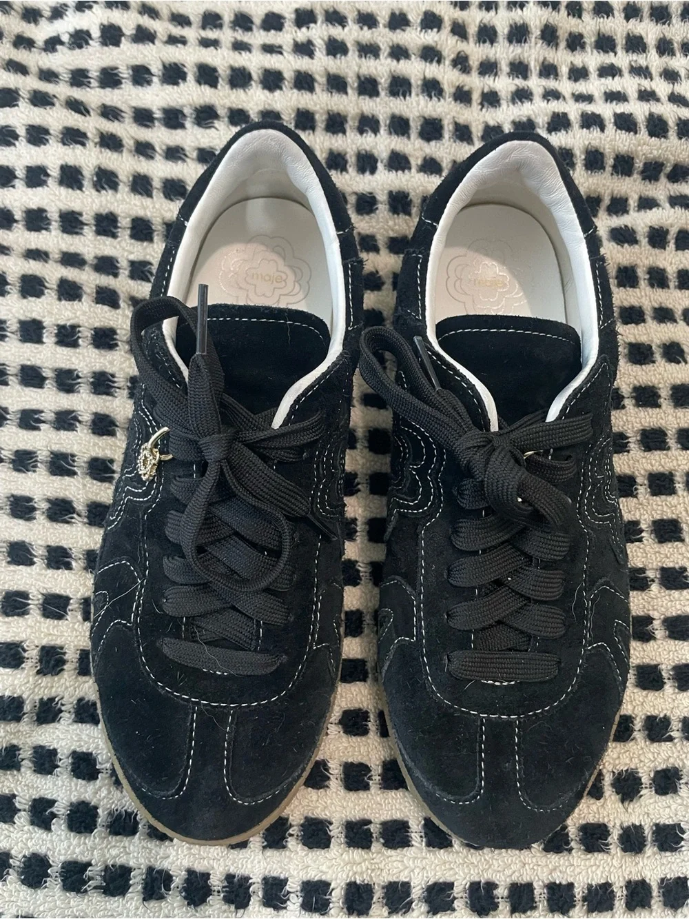 38 Maje Black Suede Lace-Up Sneakers with White Trim